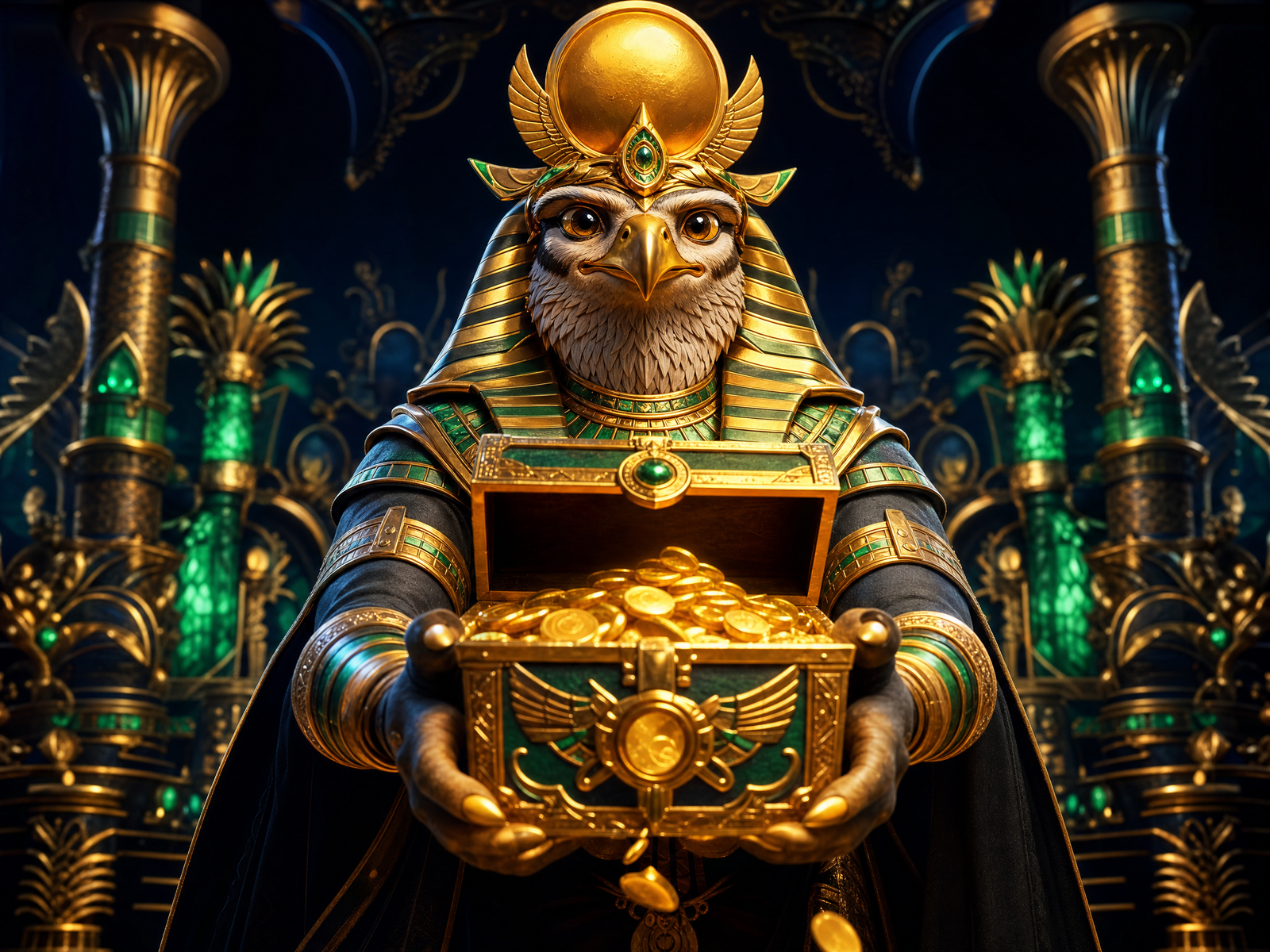 NineWin welcome bonus — Ra mascot presenting a treasure chest of rewards