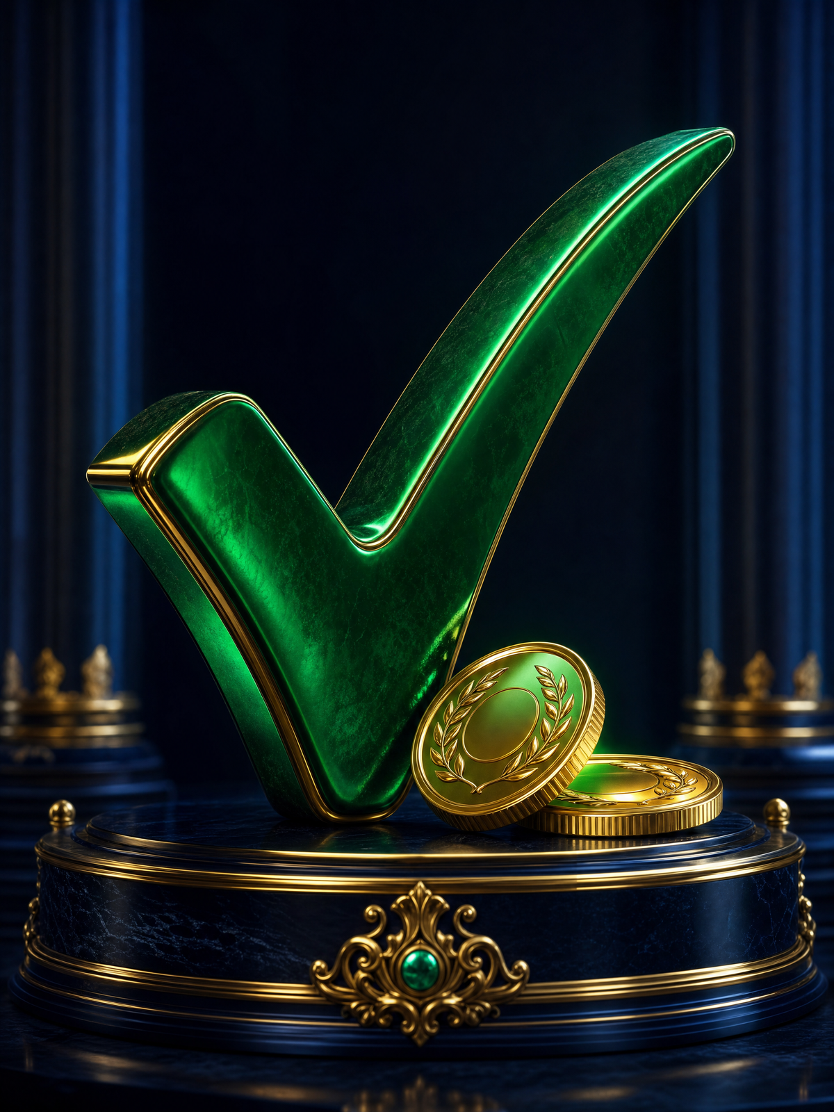 NineWin customer support — a sculpted green checkmark with golden coins, premium 3D render