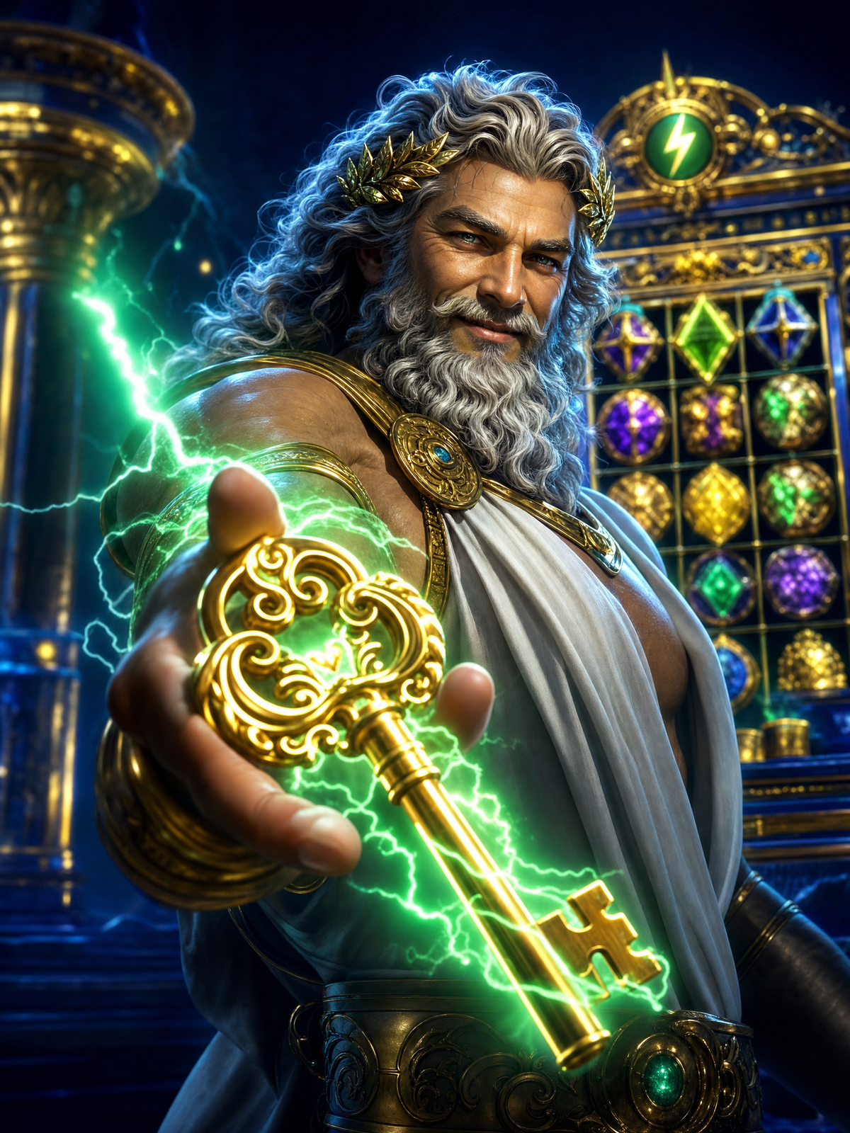 NineWin login hero — Zeus presenting a lightning-bolt key against a glowing casino backdrop