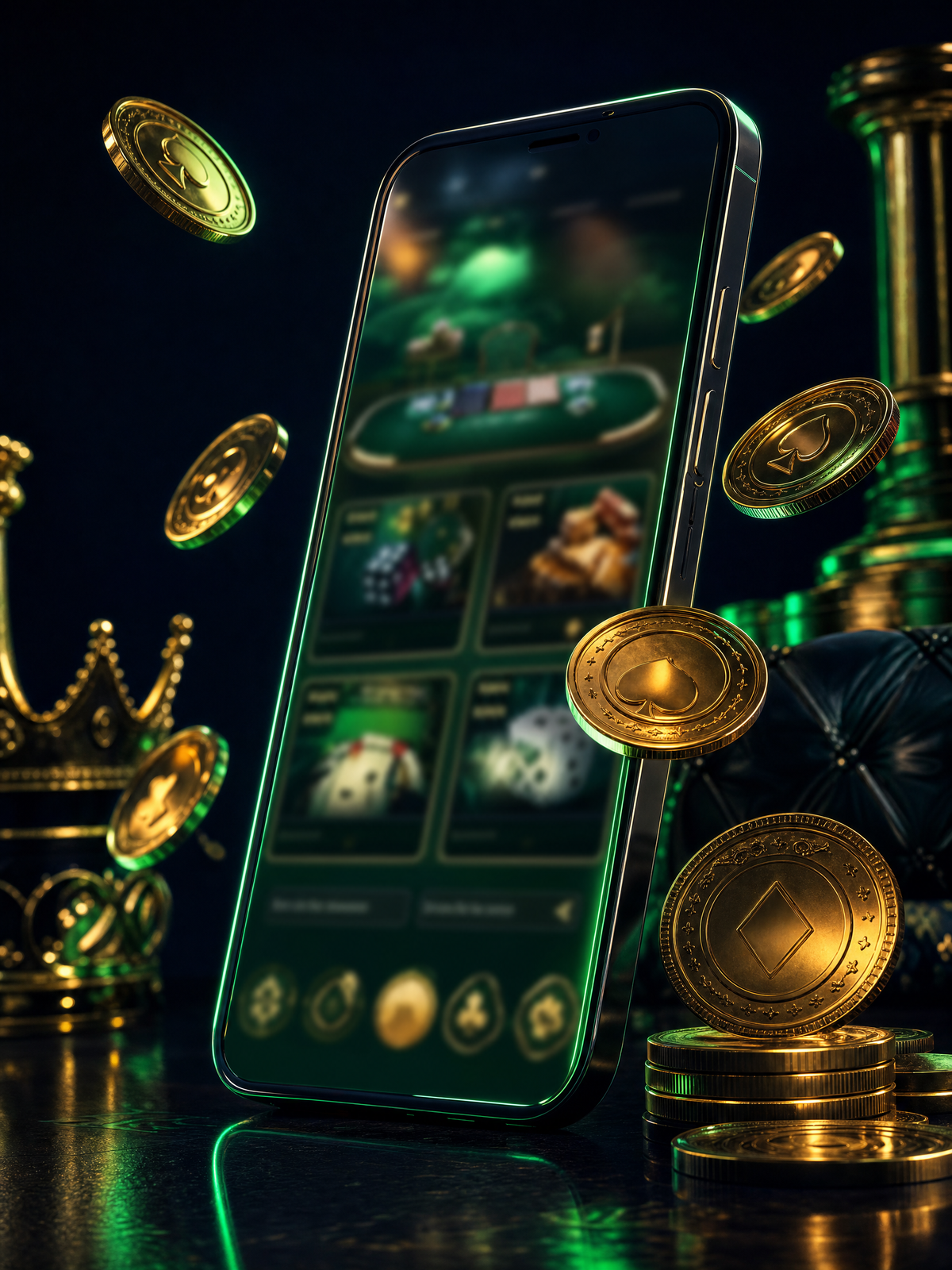NineWin mobile access — a cinematic smartphone with orbiting coins showing a blurred casino lobby