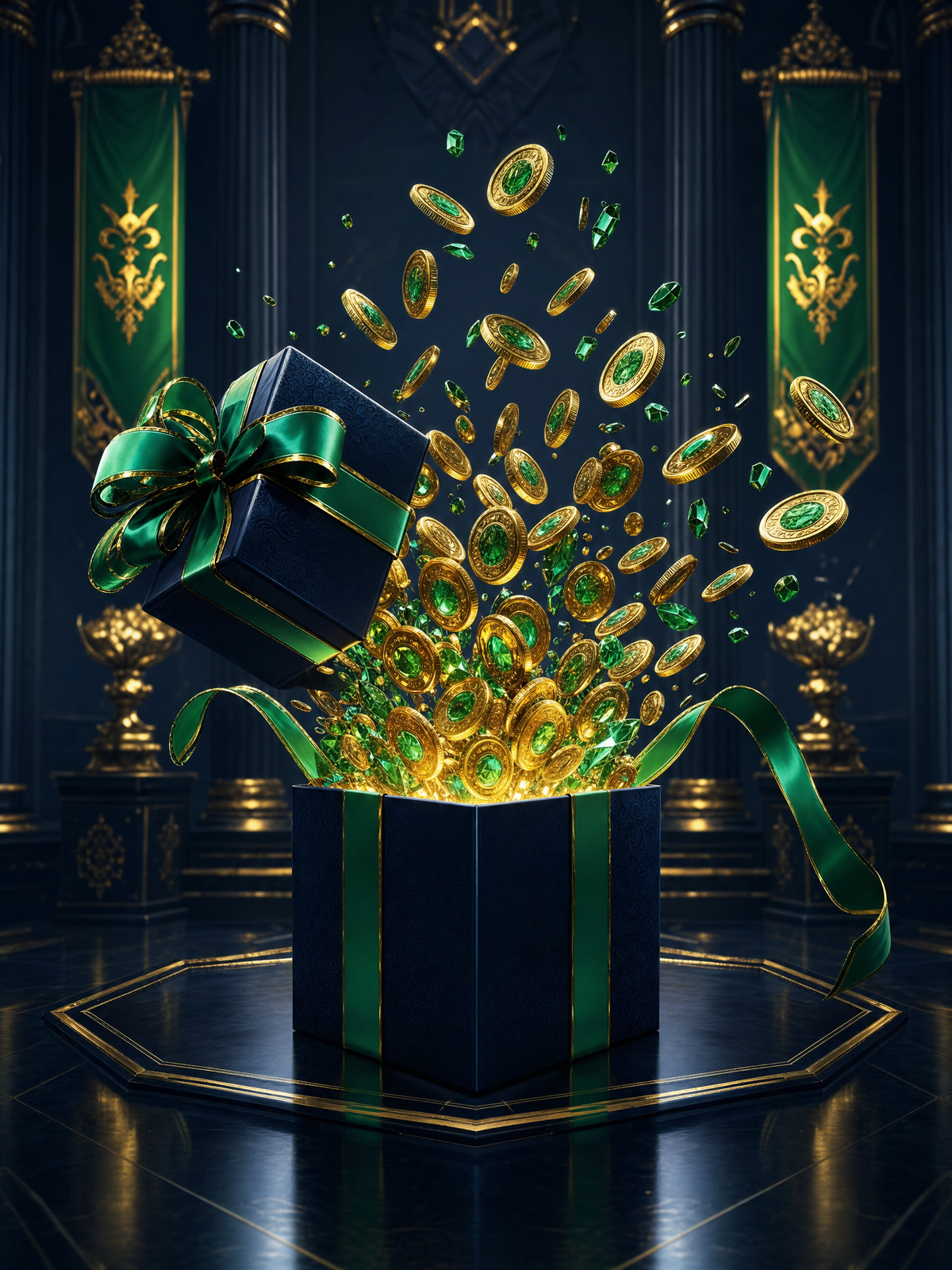 NineWin bonus hero — oversized gift box bursting open with gold coins frozen in an upward fan