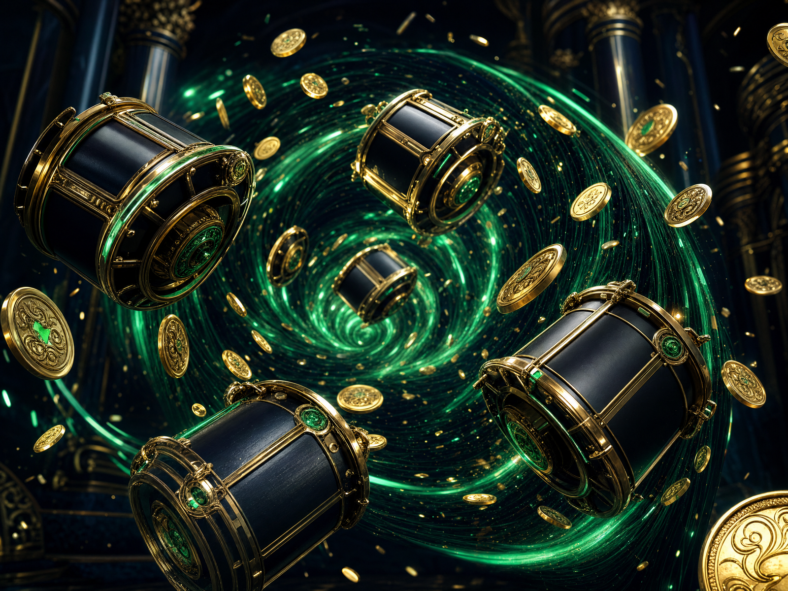 NineWin free spins — abstract 3D spin vortex with blank reel shapes and drifting gold coins
