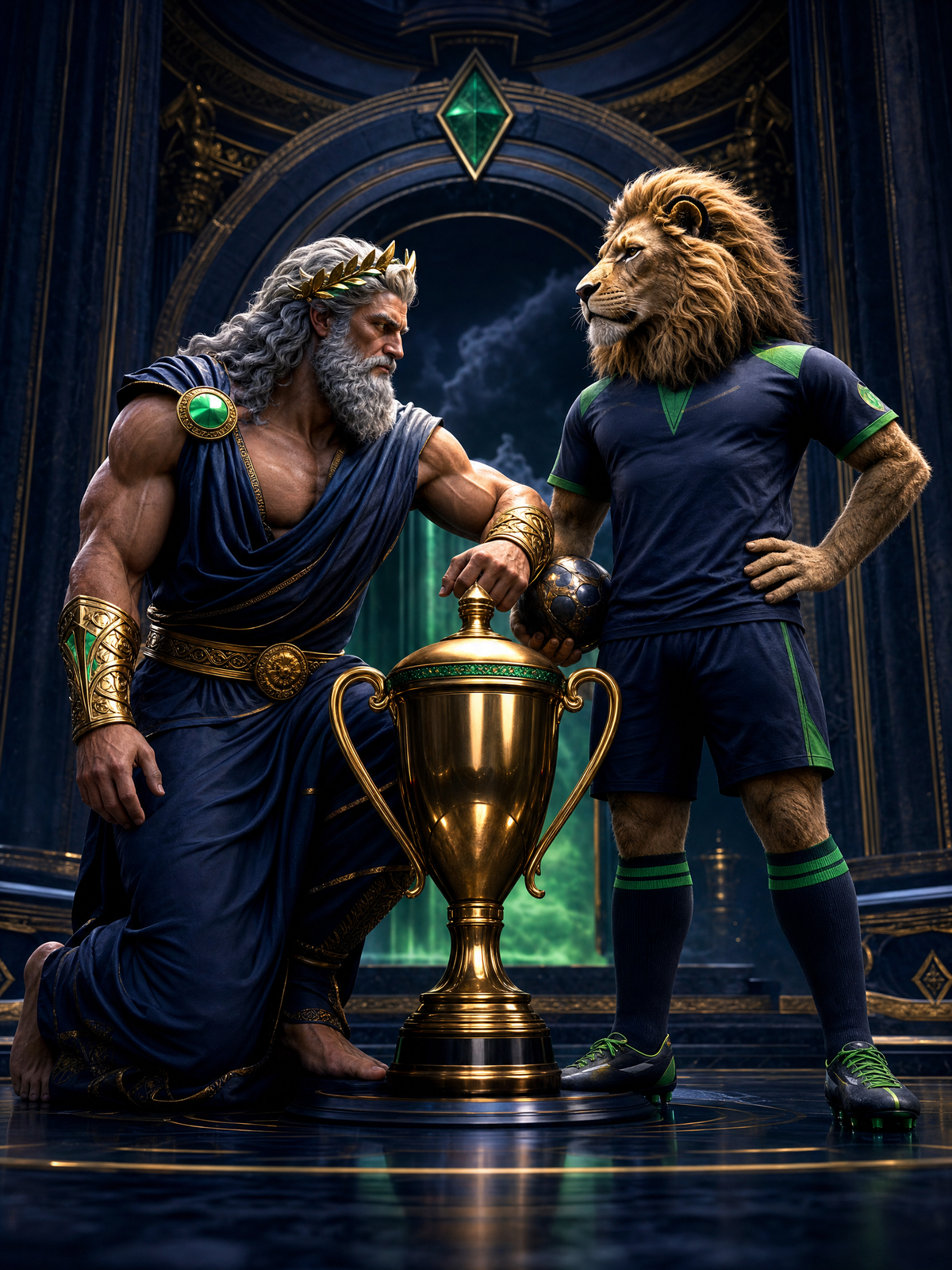 NineWin sportsbook — Zeus deity and lion mascot with trophy, premium sports betting banner