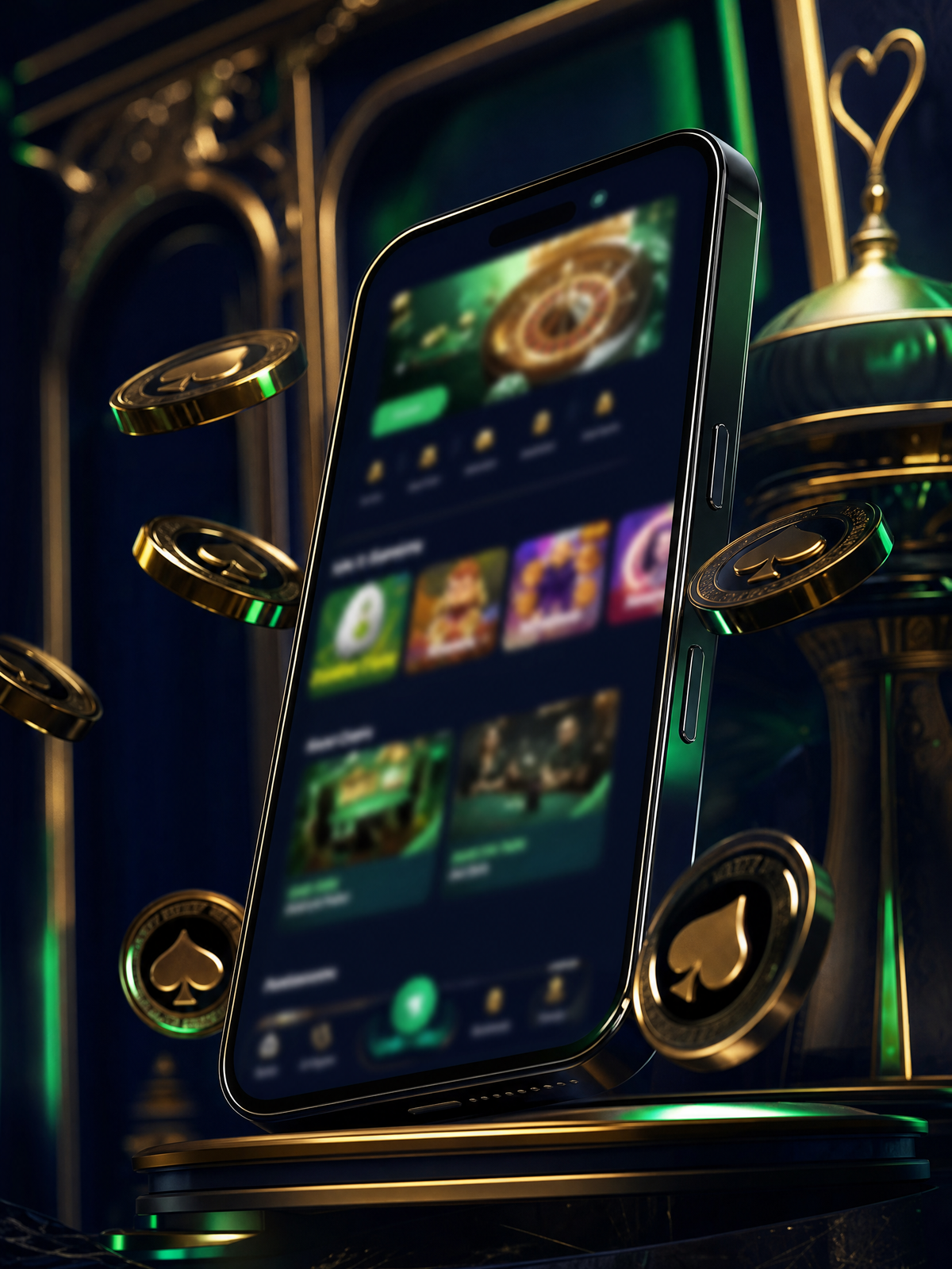 NineWin mobile casino — smartphone with orbiting gold coins and blurred casino lobby on screen