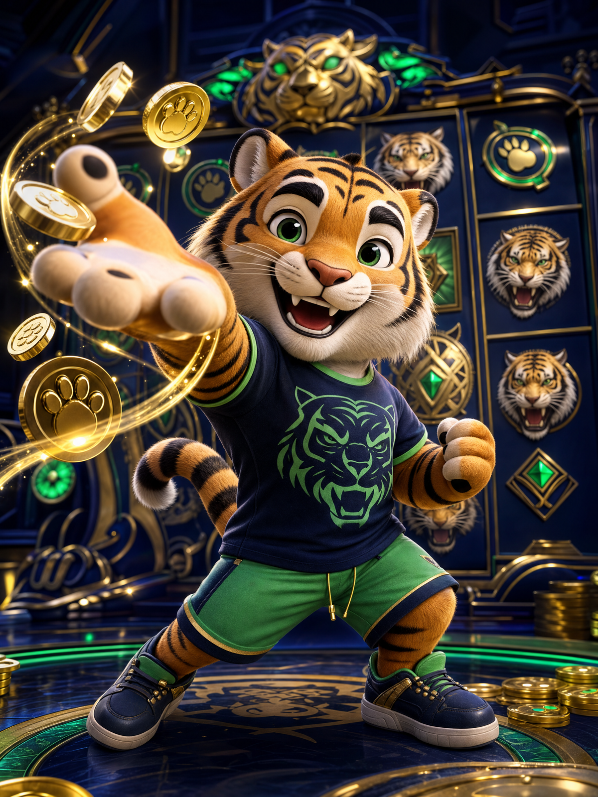 NineWin casino hero — tiger mascot with gold coins and slot game background