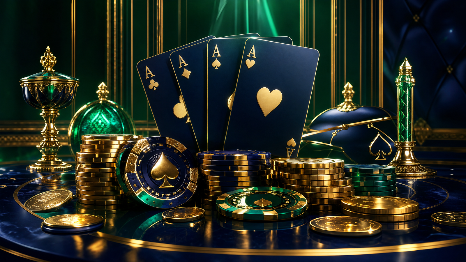 Premium casino banner background with oversized playing cards, chips and gold coins on deep navy jewel-tone surface