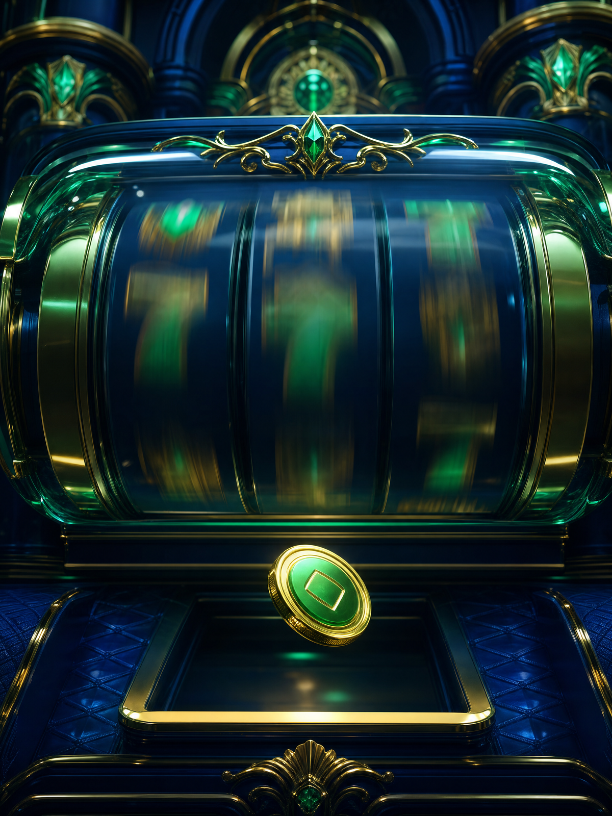 Oversized slot reel mid-spin behind clean glass with a coin frozen dropping below, premium 3D render