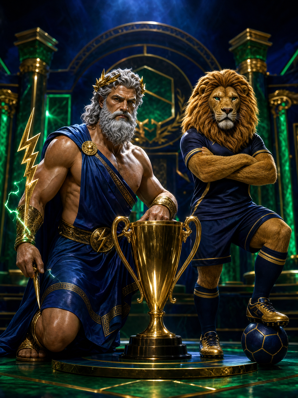 Stylized Zeus deity kneeling beside a gold trophy with a lion mascot in football kit, premium 3D sportsbook render