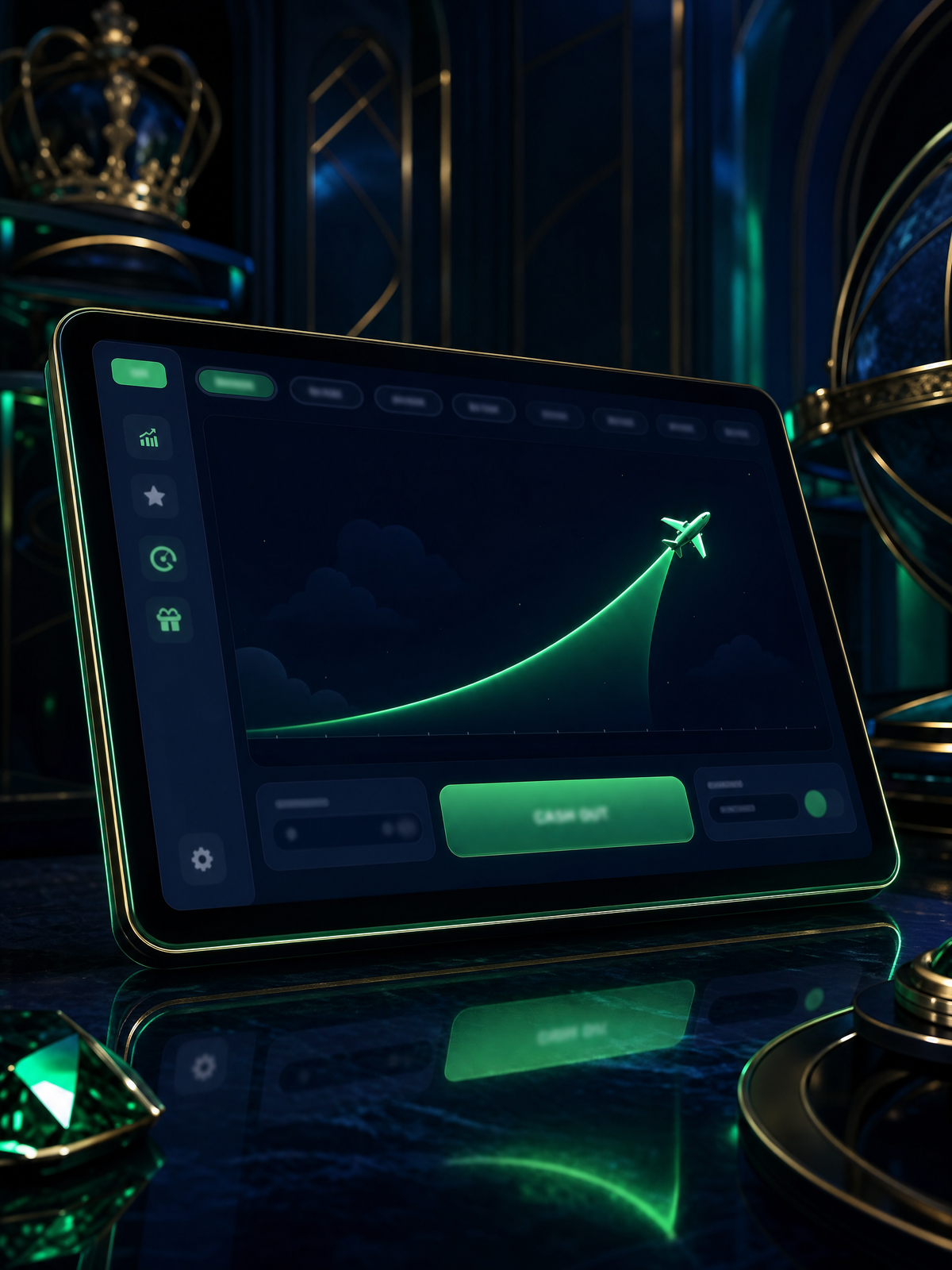 Stylized crash game multiplier screen with rising curve and plane icon, premium 3D render