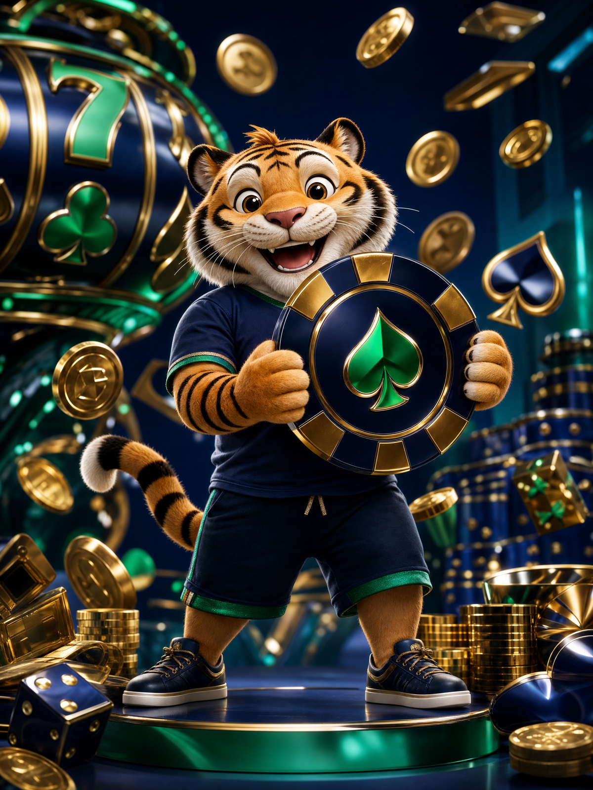 NineWin casino tiger mascot holding oversized gaming chip surrounded by casino symbols