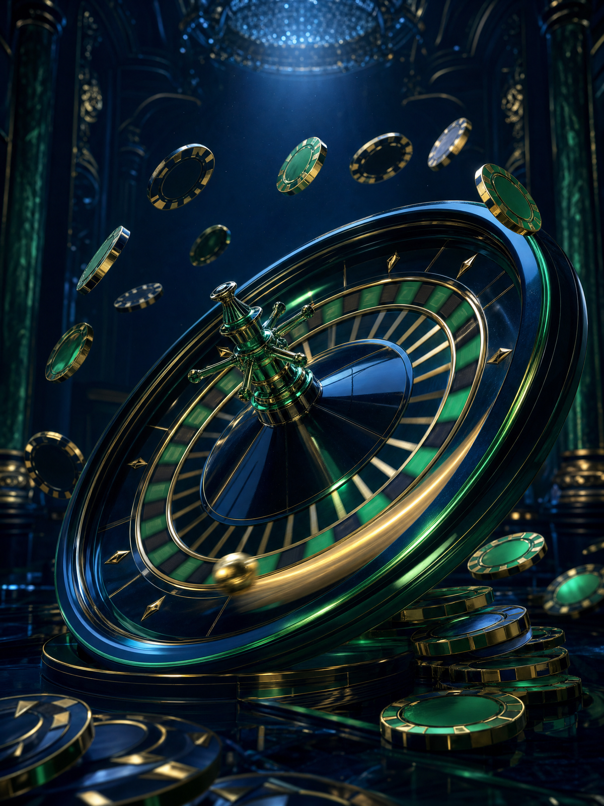 Oversized roulette wheel mid-spin with casino chips frozen in a ring, premium 3D render